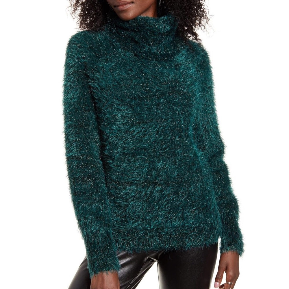 Leith Metallic Eyelash Turtleneck Fuzzy Sweater XS